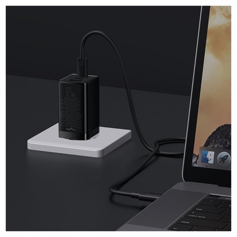 Мережевий зарядний пристрій Baseus GaN3 Pro, 65 Вт, Quick Charge, чорний, з кабелем USB тип-C до USB тип-C, 3 порта, #CCGP050101 Прев'ю 1