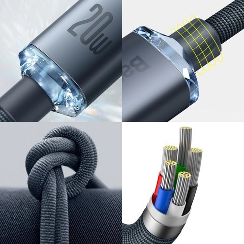 Cable USB Baseus Crystal Shine Series, USB tipo C, Lightning, 200 cm, 20 W, negro, con revestimiento de nylon, #CAJY000301 Vista previa  1