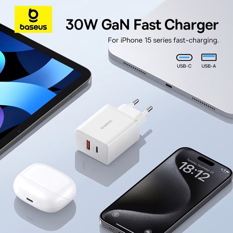 Мережевий зарядний пристрій Baseus Cube, 30 Вт, Power Delivery (PD), Fast Charge, білий, 2 порта, #P10111404213-00 Прев'ю 2